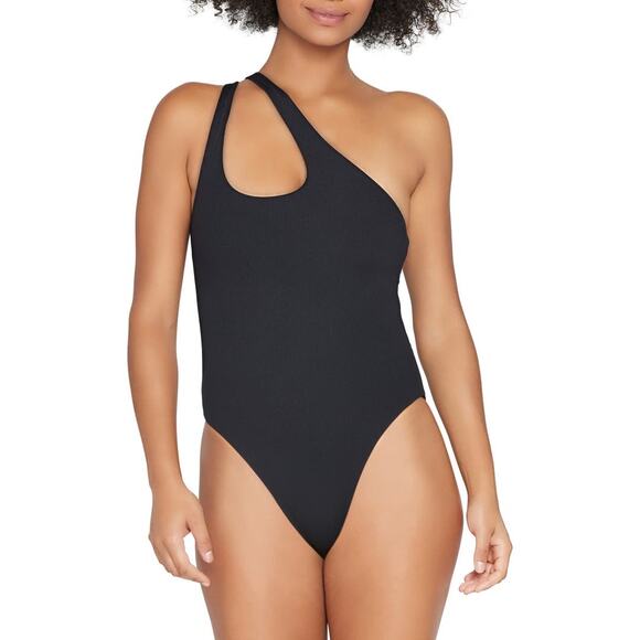 L*Space Phoebe One Shoulder Cut Out Ribbed One-Piece Swimsuit Black Women 4 NWT - Picture 2 of 10